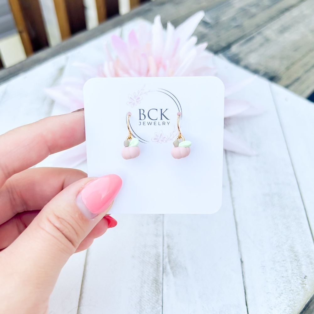Pink and Gold Pumpkin Charm Earrings Handmade polymer clay jewelry
